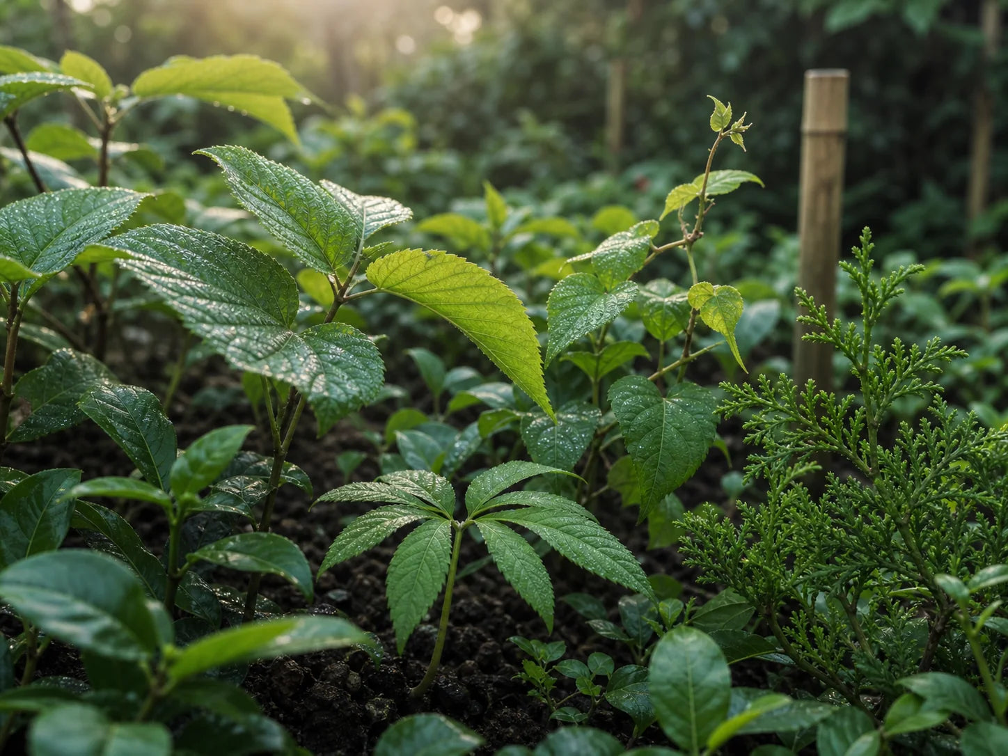 Herbs growing in a sunlit botanical garden