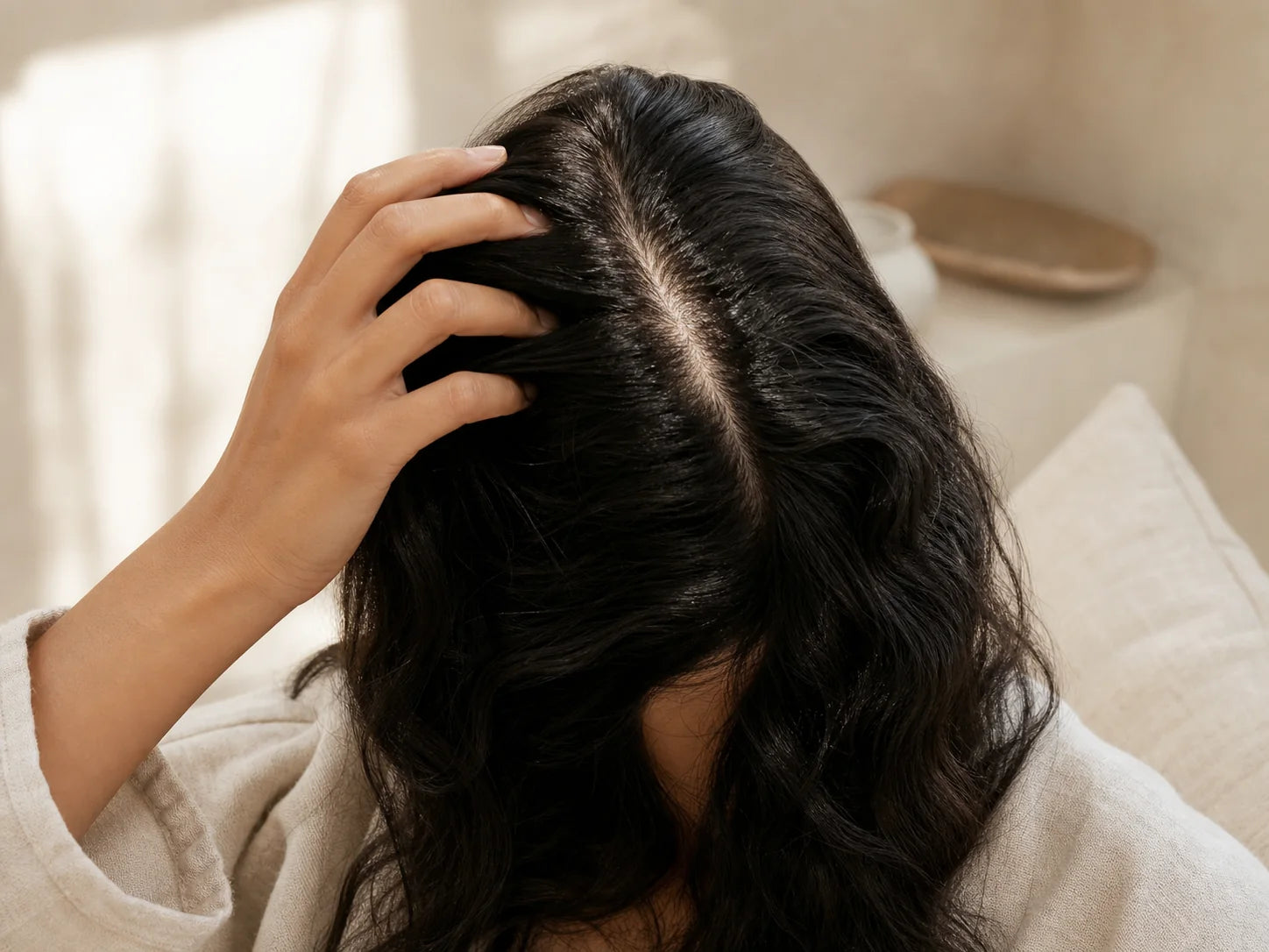 A gentle hand lifting clean dark hair at the roots