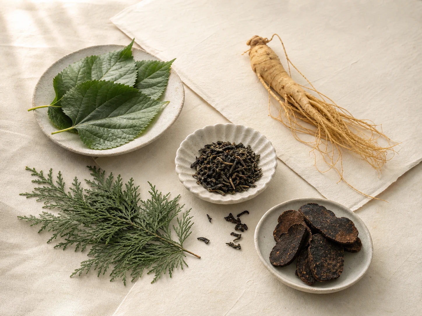 Mulberry leaf, ginseng, tea, platycladus and Fo-Ti botanicals